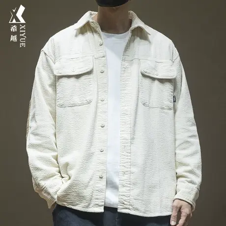 希越灯绒芯口袋拼接衬衫男秋季重磅简约百搭宽松大码胖子加厚外套图片