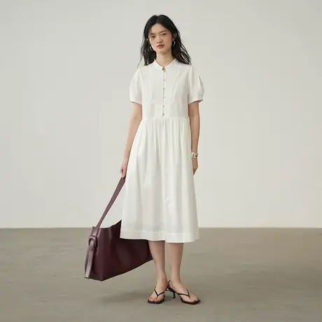 omont蛋挞家 白色高端精致连衣裙新款女复古小立领压褶衬衫裙图片