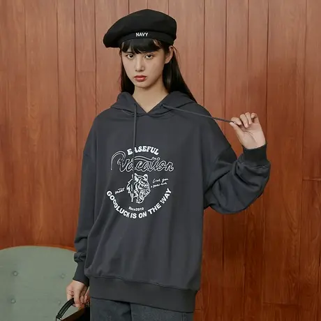 omont蛋挞家 复古美式印花连帽卫衣女秋冬2023新款宽松设计感上衣图片
