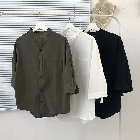 夏季薄款立领亚麻衬衫男长袖宽松复古中国风小圆领棉麻料白衬衣潮图片