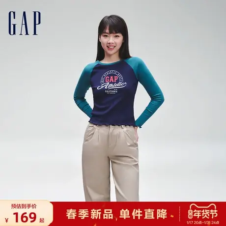 Gap女装2024春季新款logo撞色拼接插肩袖花边长袖T恤女友T888456商品大图