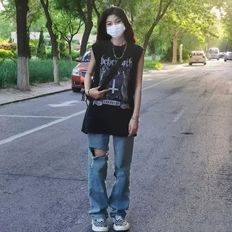 美式复古纯棉吊带运动坎肩背心无袖t恤女夏季外穿宽松篮球服上衣图片