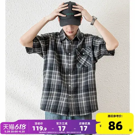 唐狮2025夏季新款短袖衬衫男格子宽松休闲港风百搭复古衬衣外套男图片