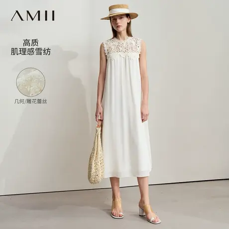 Amii2025夏新款度假风拼蕾丝无袖半身裙女可拆细腰带宽松小黑裙子图片