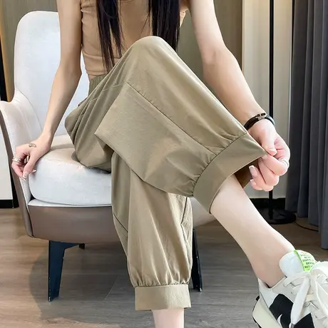 九分哈伦裤女春秋新款高腰显瘦小个子休闲盘扣冰丝萝卜灯笼束脚裤图片