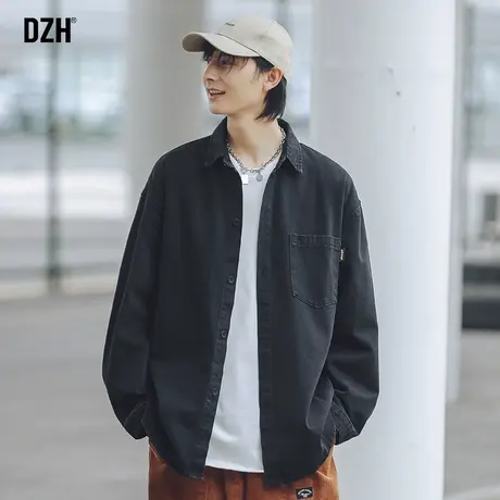 男士黑色牛仔衬衫男秋季长袖高级感外套2023新款潮牌韩版寸衫衣服图片