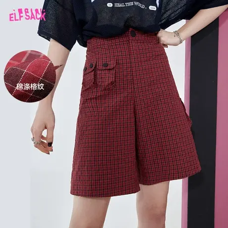 妖精的口袋红色格子短裤女2023夏季新款宽松阔腿直筒显瘦休闲裤子图片