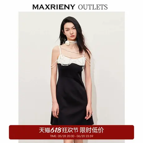 【奥莱】MAXRIENY精致复古风拼接吊带缎面连衣裙图片