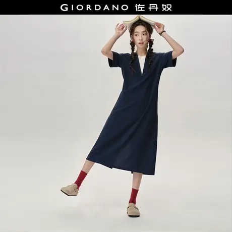 设计师款佐丹奴假两件连衣裙女夏新款V领半拉链短袖裙子18465221图片