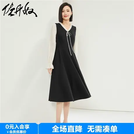 佐丹奴裙子女假两件绑带V领泡泡袖荷叶边千金风连衣裙女18464202图片
