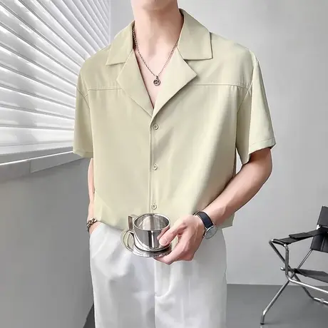 ins衬衫男落肩半袖夏季冰丝垂感古巴领小衫短袖休闲痞帅宽松上衣图片
