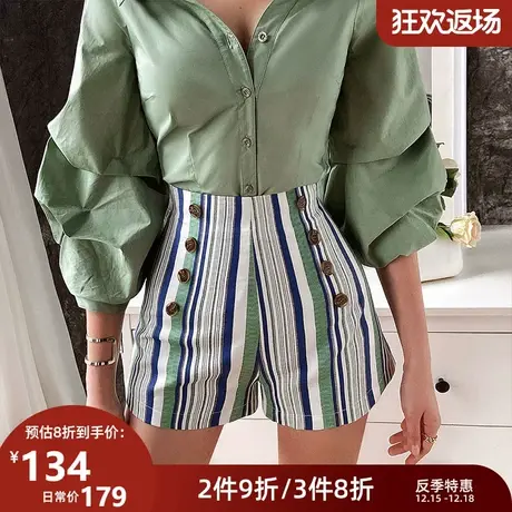 粉红大布娃娃高腰短裤女2021夏季新款双排扣条纹显瘦气质阔腿裤图片
