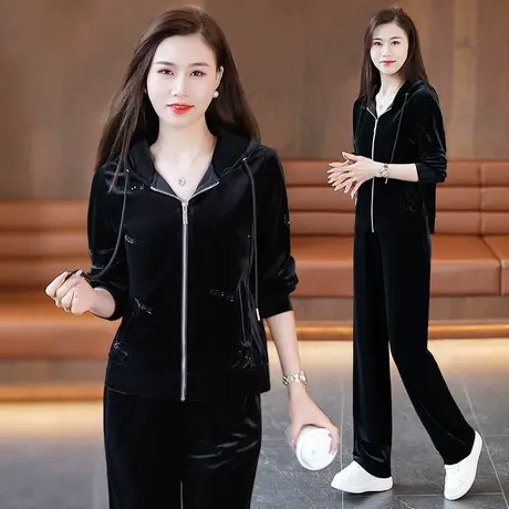 金丝绒直筒裤套装女春秋2024年新款时尚修身连帽外套运动两件套潮图片