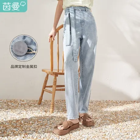 【商场同款】茵曼直筒宽松牛仔裤女2023春季新款高腰烟管薄款裤子图片