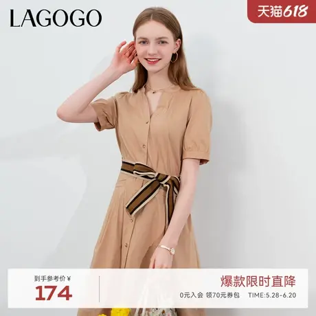 LAGOGO复古休闲系带收腰连衣裙女拉谷谷夏季新款气质泡泡袖中长裙图片