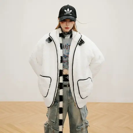 纯色连帽棉服女加厚冬季毛毛外套2023新款设计感潮牌宽松复古棉衣图片