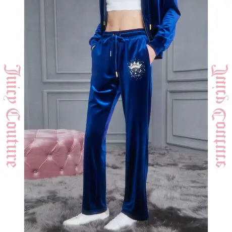 Juicy Couture橘滋典雅深邃皇冠烫钻丝绒女式休闲裤图片