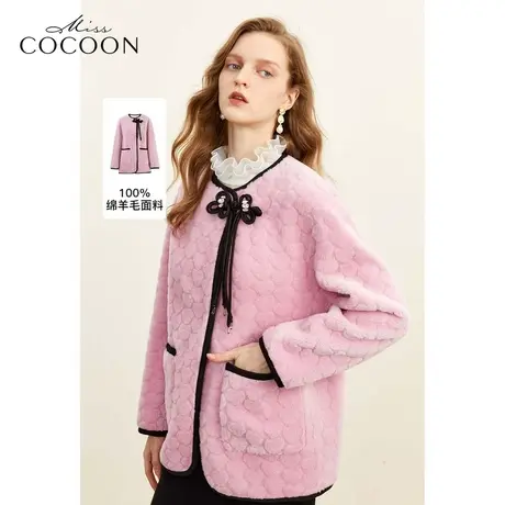 MISSCOCOON新中式2023冬季新女斜门襟中国风盘扣绵羊毛撞色皮草图片