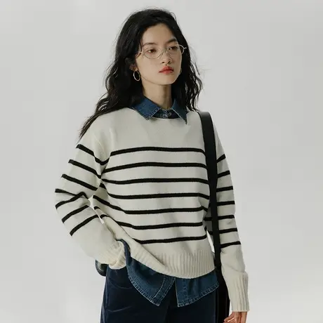 omont蛋挞家 蓝色条纹毛衣女2023新款秋冬小个子羊毛针织衫上衣图片