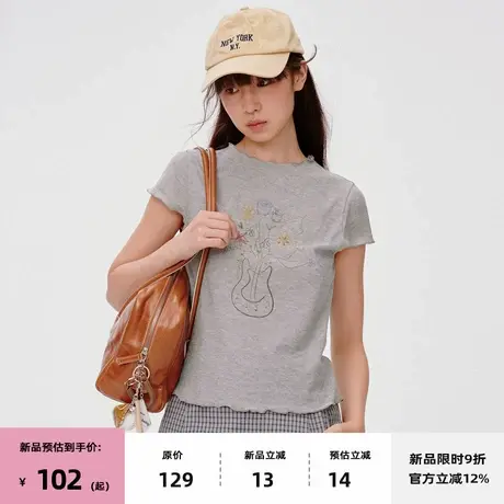 【7/08 20点新品9折】omont蛋挞家复古半高领印花修身显瘦短袖T恤商品大图
