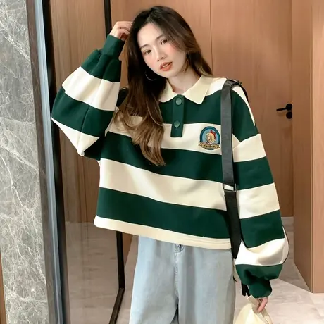 唐狮条纹女卫衣春秋装新款短款女士卫衣宽松小个子设计感小众图片