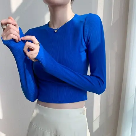 圆领黑色打底衫2023春季女装韩版显瘦露脐小心机短款百搭长袖T恤图片