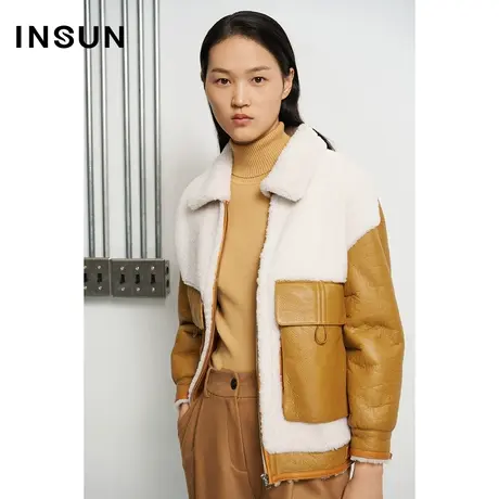 INSUN恩裳冬季贴袋羊毛革皮草外套图片
