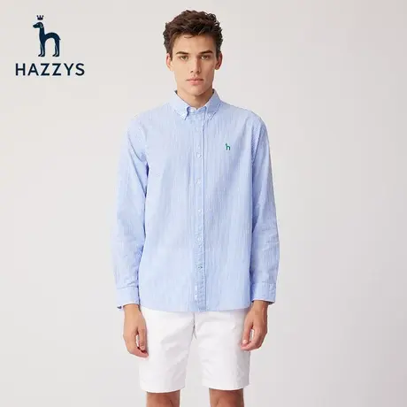 Hazzys哈吉斯春季新品男士上衣竖条纹衬衫休闲宽松潮流衬衣外套男图片