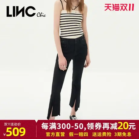 LINC金羽杰牛仔裤女2023秋季新款中腰开衩薄款直筒喇叭裤九分裤图片