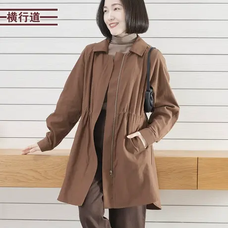 2025春季新款纯色宽松翻领拉链中长款抽绳风衣外套大码外穿女上衣图片