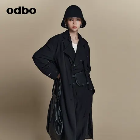 odbo 高级感小众西装领中长款风衣外套女春季新款黑色潮牌图片