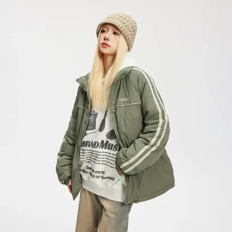 慵懒风运动条纹立领棉服女冬季夹棉外套2023新款复古宽松保暖棉衣图片