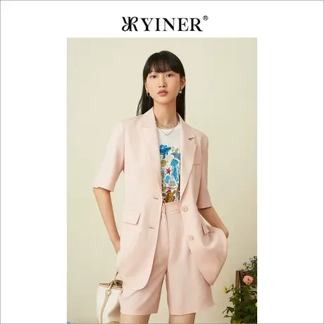 YINER音儿女装2022夏季粉色五分袖薄款宽松西装外套女图片