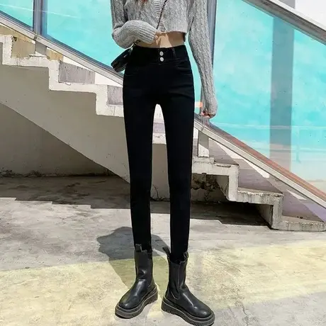黑色牛仔裤女加绒加厚冬夏季薄款高腰弹力紧身修身小脚九分春秋季图片