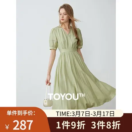TOYOUTH初语浪漫花边V领连衣裙2024年夏季新款泡泡袖高腰A字裙子图片