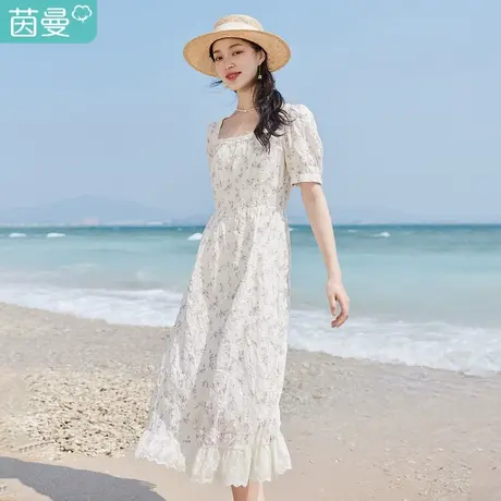 茵曼法式度假风连衣裙女装2023年夏季新款方领泡泡袖收腰碎花裙子图片