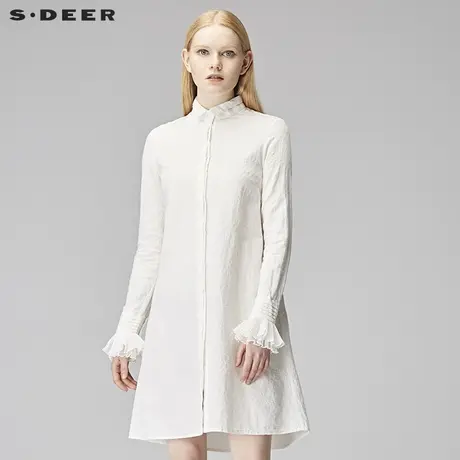 sdeer圣迪奥春装唯美雪纺喇叭袖纹理印花长款亚麻衬衫女S17380580图片