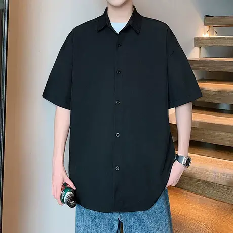 冰丝短袖衬衫男夏季2025新款休闲宽松翻领寸衫港风大码美式衬衣服图片