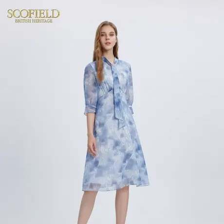 Scofield女装时尚飘带领水墨链条印花收腰连衣裙秋季裙子图片