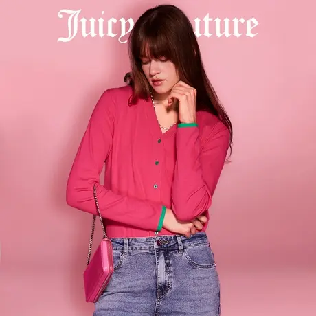 Juicy Couture橘滋针织衫女2025年春新款修身V领玫红开衫上衣图片