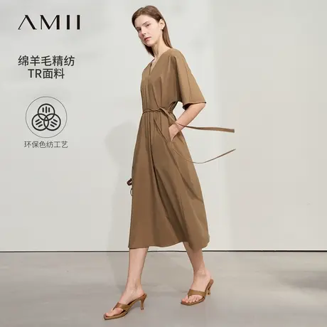 Amii2025夏新款通勤风绑带腰带V领连袖连衣裙女高智感中袖裙子图片