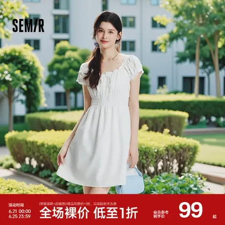 森马连衣裙女收腰蝴蝶结少女感2025新款夏俏皮木耳边方领短裙气质图片