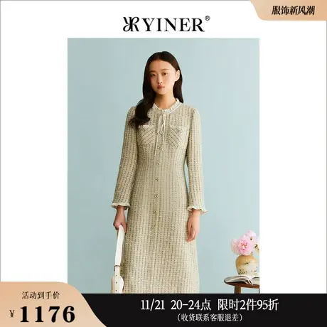 YINER音儿专选女装冬季法式优雅羊毛粗花呢木耳边连衣裙图片