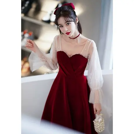 长袖敬酒服新娘2024新款秋冬季丝绒结婚订婚回门礼服女酒红色纱袖图片