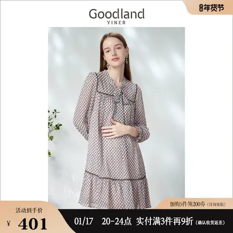 Goodland女装2023春季法式木耳花边知性飘带设计连衣裙图片