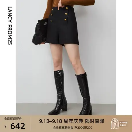 朗姿羊毛黑色复古高腰显瘦宽松阔腿直筒短裤秋季新款休闲裤女裤子图片