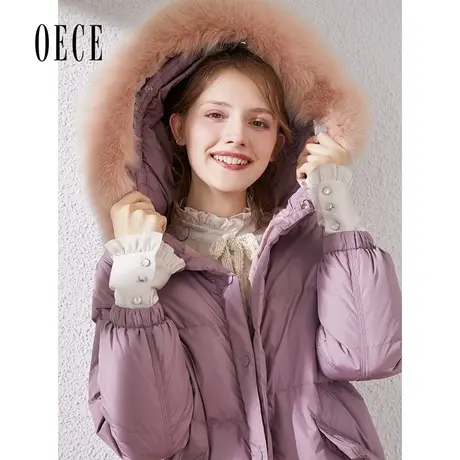 Oece冬新款女装复古大气大毛领带帽中长款加厚羽绒服图片