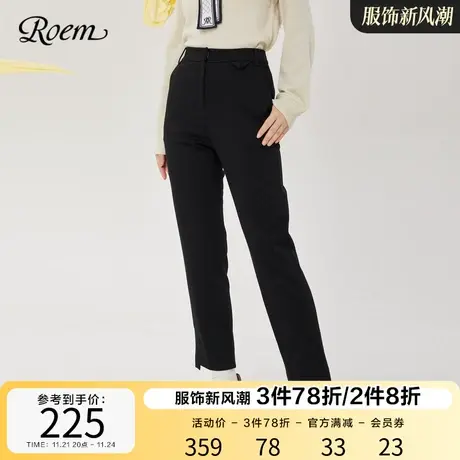 Roem秋冬 商场同款简约通勤气质复古高腰时髦不规则开叉直筒裤图片