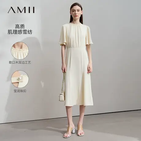 Amii2025夏新款优雅度假风木耳边喇叭袖收腰连衣裙女露背小黑裙图片
