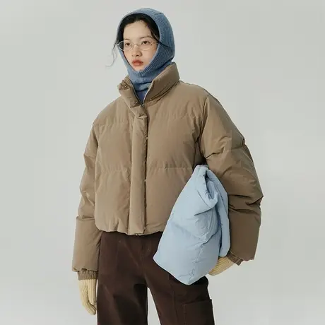 omont蛋挞家 蓝色立领短款羽绒服女冬季新小个子保暖面包服外套图片